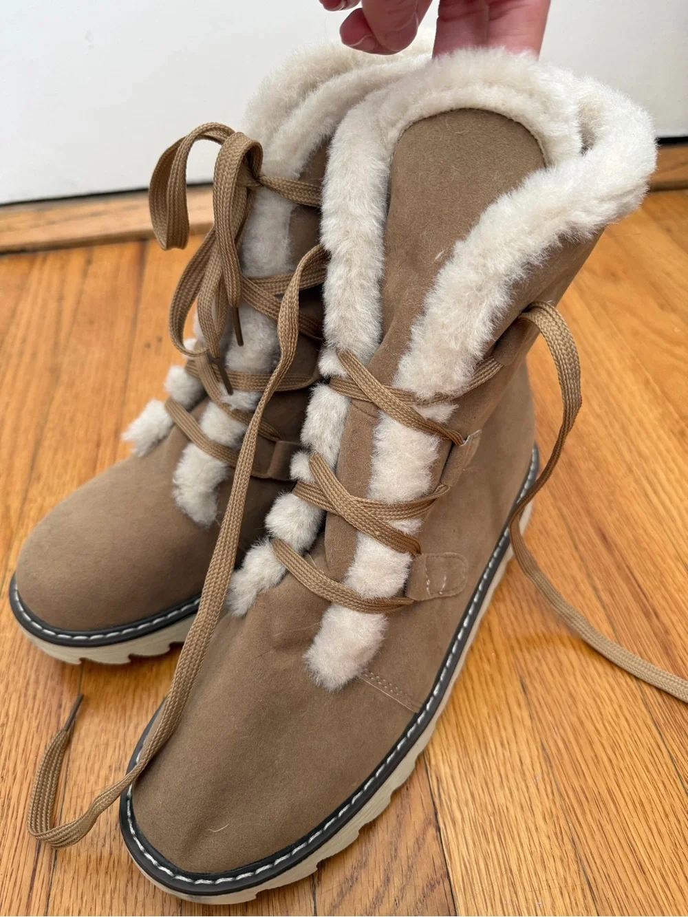 New Women’s Tan Faux-Suede Shearling Lace-Up Boots